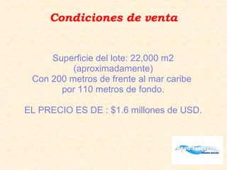Condiciones de venta
Superficie del lote: 22,000 m2
(aproximadamente)
Con 200 metros de frente al mar caribe
por 110 metros de fondo.
EL PRECIO ES DE : $1.6 millones de USD.
 