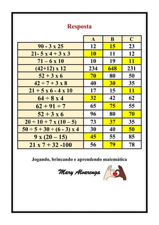 Resposta
A B C
90 - 3 x 25 12 15 23
21- 5 x 4 + 3 x 3 10 11 12
71 – 6 x 10 10 19 11
(42+12) x 12 234 648 231
52 + 3 x 6 70 80 50
42 ÷ 7 + 3 x 8 40 30 35
21 + 5 x 6 - 4 x 10 17 15 11
64 ÷ 8 x 4 32 42 62
62 + 91 ÷ 7 65 75 55
52 + 3 x 6 96 80 70
20 ÷ 10 + 7 x (10 – 5) 73 37 35
50 ÷ 5 + 30 ÷ (6 - 3) x 4 30 40 50
9 x (20 – 15) 45 55 85
21 x 7 + 32 -100 56 79 78
Jogando, brincando e aprendendo matemática
Mary Alvarenga