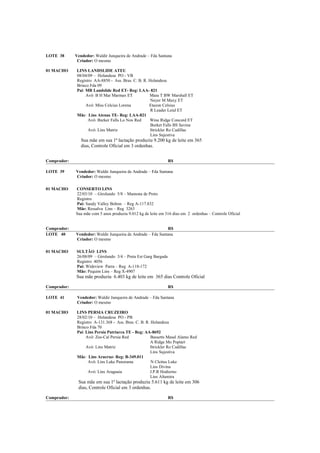 LOTE 38      Vendedor: Waldir Junqueira de Andrade – Fda Santana
              Criador: O mesmo

01 MACHO     LINS LANDSLIDE ATEU
             08/04/09 – Holandesa PO - VB
             Registro AA-8850 - Ass. Bras. C. B. R. Holandesa
             Brinco Fda 09
             Pai: MR Landslide Red ET- Reg: LAA- 821
                  Avô: B H Mar Marmax ET            Mara T BW Marshall ET
                                                     Neyer M Maxy ET
                  Avó: Miss Celcius Lorena          Etazon Celsius
                                                     R Leader Leial ET
             Mãe: Lins Atenas TE- Reg: LAA-821
                   Avô: Burker Falls Lo Nox Red     Wine Ridge Concord ET
                                                     Burket Falls BS Savina
                   Avó: Lins Matriz                 Strickler Ro Cadillac
                                                     Lins Sujestiva
                Sua mãe em sua 1ª lactação produziu 9.200 kg de leite em 365
                dias, Controle Oficial em 3 ordenhas.


Comprador:                                                       R$

LOTE 39      Vendedor: Waldir Junqueira de Andrade – Fda Santana
             Criador: O mesmo

01 MACHO     CONSERTO LINS
             22/03/10 – Girolando 5/8 – Mamona de Preto
             Registro
             Pai: Sandy Valley Bolton – Reg A-117.832
             Mãe: Ressalva Lins – Reg 3263
             Sua mãe com 5 anos produziu 9.012 kg de leite em 316 dias em 2 ordenhas – Controle Oficial


Comprador:                                                    R$
LOTE 40      Vendedor: Waldir Junqueira de Andrade – Fda Santana
             Criador: O mesmo

01 MACHO     SULTÃO LINS
             26/08/09 – Girolando 3/4 – Preta Est Garg Bargada
             Registro 4056
             Pai: Wideview Parra – Reg A-118-172
             Mãe: Pequim Lins – Reg X-4907
             Sua mãe produziu 6.403 kg de leite em 365 dias Controle Oficial

Comprador:                                                       R$

LOTE 41       Vendedor: Waldir Junqueira de Andrade – Fda Santana
              Criador: O mesmo

01 MACHO     LINS PERSIA CRUZEIRO
             28/02/10 – Holandesa PO - PB
             Registro A-131.368 - Ass. Bras. C. B. R. Holandesa
             Brinco Fda 70
             Pai: Lins Persia Patriarca TE - Reg: AA-8692
                  Avô: Zee-Cal Persia Red             Bassetts Masal Alamo Red
                                                      A Ridge Mo Poptart
                  Avó: Lins Matriz                   Strickler Ro Cadillac
                                                      Lins Sujestiva
             Mãe: Lins Aracruz- Reg: B-349.011
                   Avô: Lins Luke Panorama            N Cleitus Luke
                                                      Lins Divina
                   Avó: Lins Araguaia                J.P.R Hodierno
                                                      Lins Altamira
              Sua mãe em sua 1ª lactação produziu 5.611 kg de leite em 306
              dias, Controle Oficial em 3 ordenhas.

Comprador:                                                       R$
 