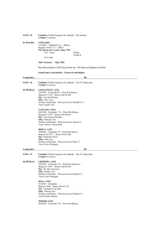 LOTE 45      Vendedor: Waldir Junqueira de Andrade – Fda Santana
             Criador: O mesmo

01 MACHO     CONGADO
             12/10/08 – Indubrasil LA – Branco
             Registro WJAC 71 - ABCZ
             Pai: Darno da S. Luzia - Reg: 7353
                   Avô: Araxa                      Chopp
                                                   Gunga II
                   Avó: Lana

             Mãe: Escocesa - Reg: 5403

             Sua mãe produziu 2.845 kg de leite em 305 dias em Regime de Pasto

             Animal apto à reprodução – Exame de andrológico

Comprador:                                                        R$

LOTE 46      Vendedor: Waldir Junqueira de Andrade – Fda N S Aparecida
             Criador: O mesmo

03 FÊMEAS    LONGUINETE LINS
             19/07/08 – Girolando7/8 – Preta Pint Branco
             Registro F-5310 – Brinco Fda 08-468
             Pai: Lins Ked Paraiso
             Mãe: Pety Lins
             Prenhes confirmada – Parto previsto p/ Setembro/11
             Touro Azedo Lins

             FANTASIA LINS
             04/07/08 – Girolanda 7/8 - Preta Pint Branco
             Registro F-5307 – Brinco Fda 08-461
             Pai: Lins General Paredão
             Mãe: Mascara Lins
             Prenhes confirmada – Parto previsto p/ Agosto/11
             Touro Bomaz Homestead

             BIRITA LINS
             10/04/08 – Girolanda 7/8 - Preta Pint Branco
             Registro D-2576 – Brinco Fda 8-380
             Pai: Fieldstone Silver
             Mãe: Gota Lins
             Prenhes confirmada – Parto previsto p/ Maio/11
             Touro Crave Strategist

Comprador:                                                        R$

LOTE 47      Vendedor: Waldir Junqueira de Andrade – Fda N S Aparecida
             Criador: O mesmo

04 FÊMEAS    CHOPERIA LINS
             20/02/08 – Girolando 7/8 – Preta Pint de Branco
             Registro F-5287 – Brinco Fda 08-343
             Pai: We Del Convincer
             Mãe: Quilha Lins
             Prenhes confirmada – Parto previsto p/ Outubro/11
             Touro Crave Strategist

             REAL LINS
             01/08/07 – Girolanda -
             Registro 3660 – Brinco Fda 07-153
             Pai: Curimatã Te de Bras
             Mãe: Palavra Lins
             Prenhes confirmada – Parto previsto p/ Outubro/11
             Touro Picston Shottle

             PEROBA LINS
             09/03/08 – Girolanda 7/8 – Preta Pint Branco
 