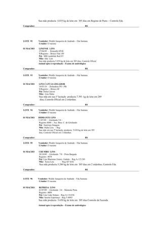 Sua mãe produziu 4.035 kg de leite em 305 dias em Regime de Pasto – Controle Fda

Comprador:                                                      R$




LOTE 92      Vendedor: Waldir Junqueira de Andrade – Fda Santana
             Criador: O mesmo

01 MACHO     LINENSE LINS
             27/04/09 – Holandês HVB
             S/Registro – Brinco Fda 149
             Pai: MR Landslide Red ET
             Mãe: Aba Lins
             Sua mãe produziu 5.939 kg de leite em 305 dias, Controle Oficial
             Animal apto à reprodução – Exame de andrológico

Comprador:                                                      R$


LOTE 93      Vendedor: Waldir Junqueira de Andrade – Fda Santana
             Criador: O mesmo

01 MACHO     LINS CANVAS JOGADOR
             16/03/10 – Holandesa PO - PB
             S/Registro - Brinco 68
             Pai: Delta Canvas
             Mãe: Lins Dalas
              Sua mãe em sua 1ª lactação produziu 7.393 kg de leite em 289
              dias, Controle Oficial em 2 ordenhas.

Comprador:                                                      R$

LOTE 94      Vendedor: Waldir Junqueira de Andrade – Fda Santana
             Criador: O mesmo

01 MACHO     HIDRANTE LINS
             11/07/09 – Girolando 3/4 –
              Registro 4040 - Ass. Bras. C. de Girolando
              Pai: Eastview Imagem
              Mãe: Hidra Lins - Reg:
              Sua mãe em sua 3ª lactação, produziu 5.630 kg de leite em 305
              dias, Controle Oficial em 2 ordenhas.

Comprador:                                                      R$

LOTE 95      Vendedor: Waldir Junqueira de Andrade – Fda Santana
             Criador: O mesmo

01 MACHO     CHUMBO LINS
             30/10/09 – Girolando 7/8 – Preta Bargada
             Registro 4078
             Pai: Lins Blackstar Emory Galeão – Reg A-123.301
             Mãe: Xuxa Lins         – Reg AF 9242
              Sua mãe produziu 5.280 kg de leite em 305 dias em 2 ordenhas, Controle Fda

Comprador:                                                      R$



LOTE 96      Vendedor: Waldir Junqueira de Andrade – Fda Santana
              Criador: O mesmo

01 MACHO     REPRESA LINS
             01/07/09 – Girolando 3/4 – Mamona Preta
             Registro 4004
             Pai: Lins Luke Solano – Reg A-118.836
             Mãe: Serena Esperança – Reg T-8883
             Sua mãe produziu 5.650 kg de leite em 305 dias Controle de Fazenda

             Animal apto à reprodução – Exame de andrológico
 