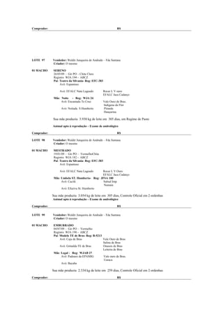 Comprador:                                                     R$




LOTE 97      Vendedor: Waldir Junqueira de Andrade – Fda Santana
             Criador: O mesmo

01 MACHO     SERENO
             26/05/09 – Gir PO – Chita Claro
             Registro WJA 194 - ABCZ
             Pai: Teatro da Silvania- Reg: EFC-383
                  Avô: Espantoso

                  Avó: EFALC Nata Lageado            Rocar L V ouro
                                                     EFALC Jaca Cadarço
              Mãe: Noite - Reg: WJA 24
                   Avô: Encantado Te Cruz            Vale Ouro de Bras.
                                                     Indigena da Flor
                   Avó: Noitada S Humberto           Piranda
                                                     Dançarina

             Sua mãe produziu 3.930 kg de leite em 305 dias, em Regime de Pasto

             Animal apto à reprodução – Exame de andrológico

Comprador:                                                     R$

LOTE 98      Vendedor: Waldir Junqueira de Andrade – Fda Santana
             Criador: O mesmo

01 MACHO     MESTRADO
             19/01/09 – Gir PO – VermelhoChita
             Registro WJA 182 - ABCZ
             Pai: Teatro da Silvania- Reg: EFC-383
                  Avô: Espantoso

                  Avó: EFALC Nata Lageado     Rocar L V Ouro
                                              EFALC Jaca Cadarço
              Mãe: Umbela ST. Humberto- Reg: JFSA 180
                   Avô: Cacife                 Subud Imp.
                                               Namaia
                   Avó: Efuziva St. Humberto

             Sua mãe produziu 3.054 kg de leite em 305 dias, Controle Oficial em 2 ordenhas
             Animal apto à reprodução – Exame de andrológico

Comprador:                                                     R$

LOTE 99      Vendedor: Waldir Junqueira de Andrade – Fda Santana
             Criador: O mesmo

01 MACHO     EMBURRADO
             04/07/09 – Gir PO – Vermelho
             Registro WJA 198 - ABCZ
             Pai: Modelo TE de Bras- Reg: B-5213
                  Avô: Caju de Bras              Vale Ouro de Bras
                                                 Salina de Bras
                  Avó: Grinalda TE de Bras       Onassis de Bras
                                                 Leiteira de Bras
             Mãe: Legal - Reg: WJAB 27
                   Avô: Padouro da EPAMIG        Vale ouro de Bras.
                                                 Uaraca
                   Avó: Bacaba

             Sua mãe produziu 2.334 kg de leite em 259 dias, Controle Oficial em 2 ordenhas

Comprador:                                                     R$
 