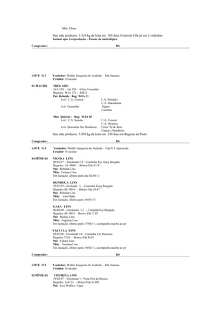 Mãe: China

             Sua mãe produziu 3.324 kg de leite em 305 dias, Controle Oficial em 2 ordenhas
             Animal apto à reprodução – Exame de andrológico

Comprador:                                                    R$




LOTE 113     Vendedor: Waldir Junqueira de Andrade – Fda Santana
             Criador: O mesmo

01 MACHO     TROCADO
             16/11/09 – Gir PO – Chita Vermelho
             Registro WJA 221 - ABCZ
             Pai: Rebelde - Reg: WJA 11
                   Avô: C.A. Everest            C.A. Preludio
                                                C.A. Macedonia
                   Avó: Guaranha                Jaguar
                                                Carolina

             Mãe: Quirela - Reg: WJA 45
                  Avô: C.A. Sansão                 C.A. Everest
                                                   C.A. Heureca
                   Avó: Querubim Sto Humberto      Feitor Te de Bras
                                                   Franca s Humberto
             Sua mãe produziu 3.050 kg de leite em 350 dias em Regime de Pasto

Comprador:                                                    R$

LOTE 114     Vendedor: Waldir Junqueira de Andrade – Fda N S Aparecida
             Criador: O mesmo

04 FÊMEAS    VIÇOSA LINS
             09/03/07 – Girolanda 1/2 - Castanha Esc Garg Bargada
             Registro AC-9064 – Brinco Fda S-19
             Pai: Rebelde Lins
             Mãe: Fumaça Lins
             Em lactação, ultimo parto dia 02/04/11

             DONDOCA LINS
             25/07/07- Girolanda ½ - Castanha Garg Bargada
             Registro AC-9034 – Brinco Fda 10-07
             Pai: Rebelde Lins
             Mãe: Lins Dada
             Em lactação, último parto 18/03//11

             GAZA LINS
             06/04/08 – Girolando 1/2 – Castanha Esc Bargada
             Registro AC-9031 – Brinco Fda T-29
             Pai: Molejo Lins
             Mãe: Argelina Lins
             Em lactação, último parto 17/04/11, acompanha macho ao pé

             VALVULA LINS
             02/05/06 - Girolanda 3/8 - Castanha Esc Mamona
             Registro 7226 – Brinco Fda R-63
             Pai: Cabaré Lins
             Mãe: Ventosa Lins
             Em lactação, ultimo parto 14/02/11, acompanha macho ao pé

Comprador:                                                    R$


LOTE 115     Vendedor: Waldir Junqueira de Andrade – Fda Santana
             Criador: O mesmo

02 FÊMEAS    VITORINA LINS
             19/02/07 – Girolanda ¾ ´Preta Pint de Branco
             Registro A-8121 – Brinco Fda S-200
             Pai: Lins Wallace Vigor
 