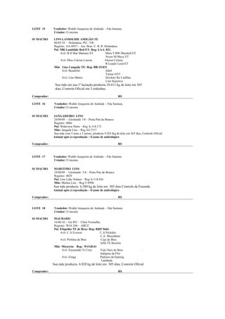 LOTE 15      Vendedor: Waldir Junqueira de Andrade – Fda Santana
             Criador: O mesmo

01 MACHO     LINS LANDSLIDE AMIGÃO TE
             06/05/10 – Holandesa PO - VB
             Registro AA-8957 - Ass. Bras. C. B. R. Holandesa
             Pai: MR Landslide Red ET- Reg: LAA- 821
                  Avô: B H Mar Marmax ET            Mara T BW Marshall ET
                                                     Neyer M Maxy ET
                  Avó: Miss Celcius Lorena          Etazon Celsius
                                                     R Leader Leial ET
             Mãe: Lins Cangada TE- Reg: BB-19.831
                   Avô: Beautiful                    Jubel
                                                     Tarma 4355
                   Avó: Lins Matriz                 Strickler Ro Cadillac
                                                     Lins Sujestiva
              Sua mãe em sua 1ª lactação produziu 10.411 kg de leite em 365
              dias, Controle Oficial em 3 ordenhas.

Comprador:                                                     R$

LOTE 16       Vendedor: Waldir Junqueira de Andrade – Fda Santana
              Criador: O mesmo

01 MACHO     JANGADEIRO LINS
             24/09/09 – Girolando 7/8 – Preta Pint de Branco
             Registro 4066
             Pai: Wideview Parra – Reg A-118.172
             Mãe: Jangada Lins – Reg AJ-7317
             Sua mãe com 5 anos e 5 meses produziu 9.262 Kg de leite em 365 dias, Controle Oficial
             Animal apto à reprodução – Exame de andrológico

Comprador:                                                     R$



LOTE 17      Vendedor: Waldir Junqueira de Andrade – Fda Santana
             Criador: O mesmo

01 MACHO     MARITIMO LINS
             10/08/09 – Girolando 3/4 – Preta Pint de Branco
             Registro 4029
             Pai: Lins Luke Solano – Reg A-118.836
             Mãe: Melina Lins – Reg T-8996
             Sua mãe produziu 6.280 kg de leite em 305 dias Controle de Fazenda
             Animal apto à reprodução – Exame de andrológico

Comprador:                                                     R$


LOTE 18       Vendedor: Waldir Junqueira de Andrade – Fda Santana
              Criador: O mesmo

01 MACHO     MACHADO
             16/06/10 - Gir PO – Chita Vermelha
             Registro WJA 246 - ABCZ
             Pai: E$spelho TE de Bras- Reg: RRP 5664
                  Avô: C A Everest              C.A Preludio
                                                C.A. Macedônia
                  Avó: Profana de Bras          Caju de Bras.
                                                Jaffa TE Brasilia
             Mãe: Micareta- Reg: WJAB 61
                   Avô: Encantado Te Cruz       Vale Ouro de Bras                 .
                                                Indígena da Flor
                   Avó: Ginga                   Padouro da Epamig
                                                 Lambada
             Sua mãe produziu 6.820 kg de leite em 305 dias, Controle Oficial

Comprador:                                                     R$
 