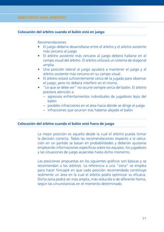 DIRECTRICES PARA ÁRBITROS



Colocación del árbitro cuando el balón está en juego

           Recomendaciones
           • El juego debería desarrollarse entre el árbitro y el árbitro asistente
              más cercano al juego.
           • El árbitro asistente más cercano al juego deberá hallarse en el
              campo visual del árbitro. El árbitro utilizará un sistema de diagonal
              amplia.
           • Una posición lateral al juego ayudará a mantener el juego y al
              árbitro asistente más cercano en su campo visual.
           • El árbitro estará suﬁcientemente cerca de la jugada para observar
              el juego, pero no deberá interferir en el mismo.
           • “Lo que se debe ver” no ocurre siempre cerca del balón. El árbitro
              prestará atención a:
              – agresivos enfrentamientos individuales de jugadores lejos del
                  balón
              – posibles infracciones en el área hacia dónde se dirige el juego
              – infracciones que ocurran tras haberse alejado el balón


Colocación del árbitro cuando el balón está fuera de juego

           La mejor posición es aquella desde la cual el árbitro pueda tomar
           la decisión correcta. Todas las recomendaciones respecto a la ubica-
           ción en un partido se basan en probabilidades y deberán ajustarse
           empleando informaciones especíﬁcas sobre los equipos, los jugadores
           y las situaciones de juego acaecidas hasta dicho momento.

           Las posiciones propuestas en los siguientes gráﬁcos son básicas y se
           recomiendan a los árbitros. La referencia a una “zona” se emplea
           para hacer hincapié en que cada posición recomendada constituye
           realmente un área en la cual el árbitro podrá optimizar su eﬁcacia.
           Dicha zona podrá ser más amplia, más reducida o de diferente forma,
           según las circunstancias en el momento determinado.




                                                                                71
 