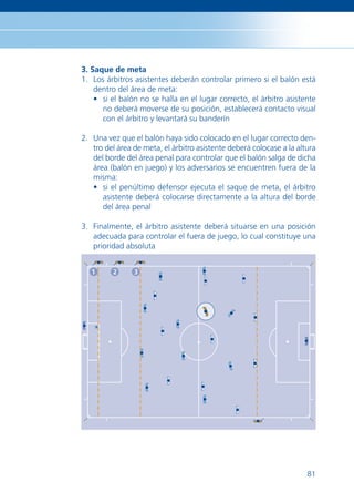 3. Saque de meta
1. Los árbitros asistentes deberán controlar primero si el balón está
    dentro del área de meta:
    • si el balón no se halla en el lugar correcto, el árbitro asistente
      no deberá moverse de su posición, establecerá contacto visual
      con el árbitro y levantará su banderín

2. Una vez que el balón haya sido colocado en el lugar correcto den-
   tro del área de meta, el árbitro asistente deberá colocase a la altura
   del borde del área penal para controlar que el balón salga de dicha
   área (balón en juego) y los adversarios se encuentren fuera de la
   misma:
   • si el penúltimo defensor ejecuta el saque de meta, el árbitro
      asistente deberá colocarse directamente a la altura del borde
      del área penal

3. Finalmente, el árbitro asistente deberá situarse en una posición
   adecuada para controlar el fuera de juego, lo cual constituye una
   prioridad absoluta




                                                                      81
 