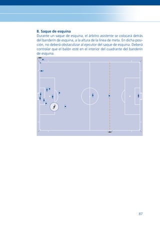 8. Saque de esquina
Durante un saque de esquina, el árbitro asistente se colocará detrás
del banderín de esquina, a la altura de la línea de meta. En dicha posi-
ción, no deberá obstaculizar al ejecutor del saque de esquina. Deberá
controlar que el balón esté en el interior del cuadrante del banderín
de esquina.




                                                                     87
 