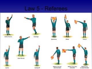 Law 5 - Referees <ul><li>Whistle to stop play </li></ul><ul><li>Point (signal) to place of restart </li></ul><ul><li>No wh...
