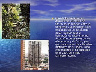 Otro de los trabajos que demuestran el interés de Struth por la relación entre la fotografía y la psicología es el efectuado en un hospital de Suiza. Realizó para la habitación de cada enfermo fotografías de paisajes de los alrededores y de flores, para que fuesen para ellos discretas metáforas de su hogar. Todo este material se ha publicado en el 2001 en el libro Dandelion Room. 