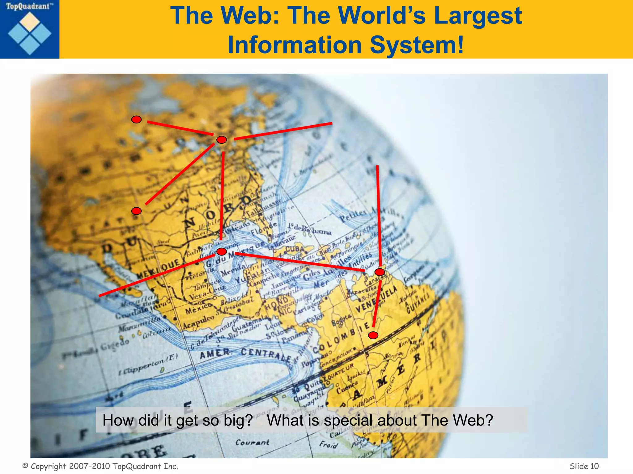 © Copyright 2007-2010 TopQuadrant Inc. Slide 10
The Web: The World’s Largest
Information System!
How did it get so big? What is special about The Web?
 
