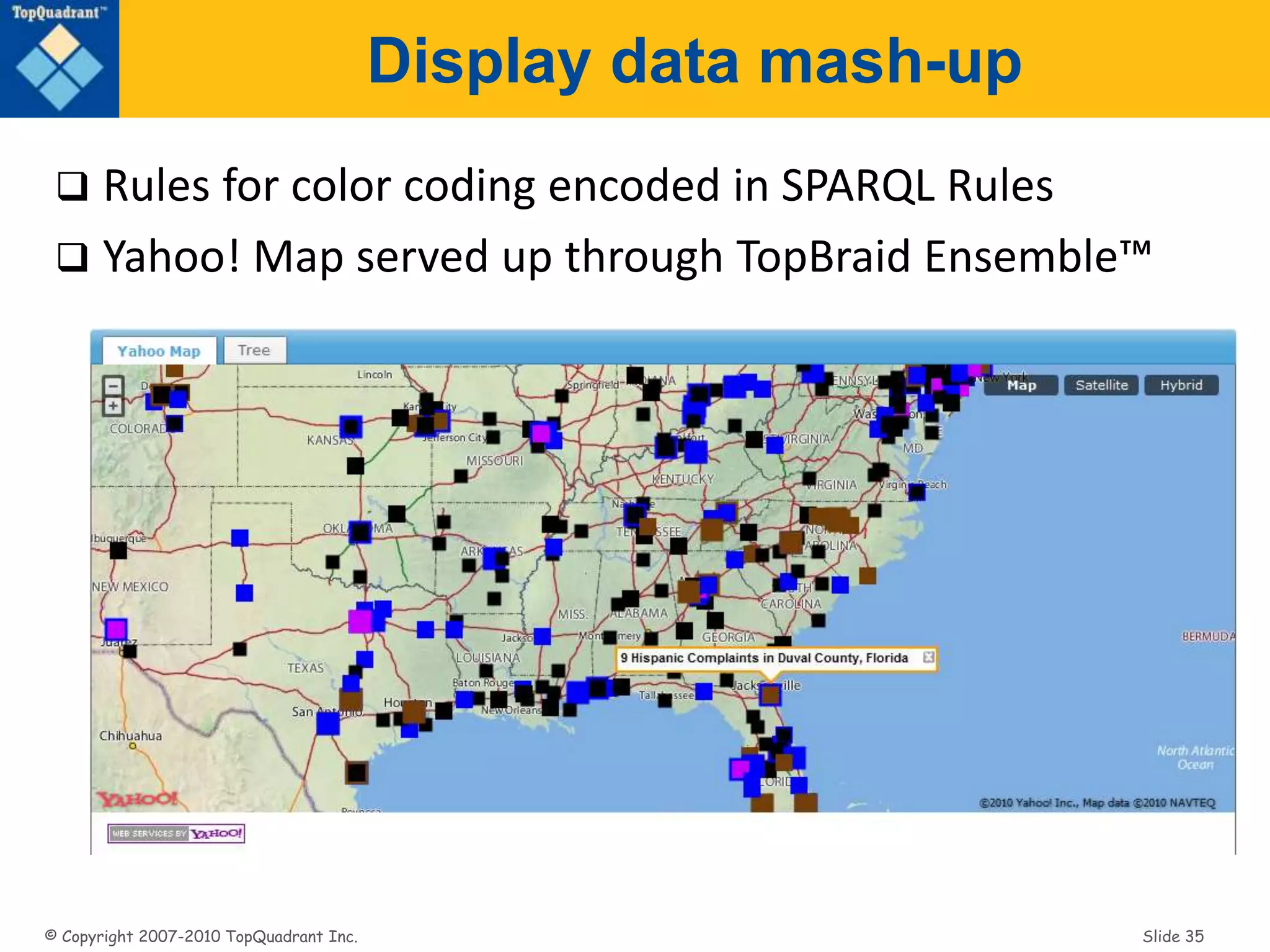 © Copyright 2007-2010 TopQuadrant Inc. Slide 35
Display data mash-up
 Rules for color coding encoded in SPARQL Rules
 Yahoo! Map served up through TopBraid Ensemble™
 