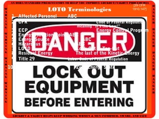 AN OSHA STANDARD PRESENTATION TO HELP YOU IMPROVE LOCKOUT/TAGOUT PROCEDURES
D
A
N
G
E
R
D
A
N
G
E
R
D
A
N
G
E
R
D
A
N
G
E
R
W
A
R
N
I
N
G
W
A
R
N
I
N
G
W
A
R
N
I
N
G
W
A
R
N
I
N
G
LOCKOUT & TAGOUT HELPS KEEP WORKING WOMEN & MEN INFORMED, AWARE, AND SAFE
LOTO Terminologies
1. Affected Personel ABC
2. CFR Code of Federal Regulation
meaning “It’s the Law!”
3. ECP Energy Control Program
4. Energy Isolation Point ABC
5. Energy Source ABC
6. Hazardous Energy ABC
7. LOTO Lock-Out & Tag-Out
8. Residual Energy The last of the Kinetic Energy
9. Title 29 Labor Code of Federal Regulation
meaning “It’s a Labor Law!”
10. ZES Zero Energy State
[29 CFR
1910.147]
 