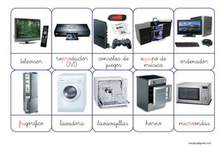 reproductor   consolas de    equipo de
televisor                                              ordenador
                  DVD          juegos       música




frigorífico    lavadora     lavavajillas    horno      microondas


                                                          isalogop@gmail.com
 