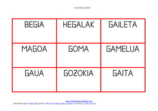 G LETRA LOTO




                                                                                            
             
                                                                                               
             
                                                                                              
                                                                 
                                                                 www.margarigela.blogspot.com
Piktogramen egilea: Sergio Palao Jatorria: ARASAAC (http://catedu.es/arasaac/) Lizentzia: CC (BY-NC-SA)
 