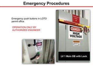 Emergency push buttons in LOTO
permit office
OPERATION ONLY BY
AUTHORIZED ENGINEER
LV 1 Main DB with Lock.
 