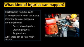 What kind of injuries can happen?
Electrocution from live parts
Scalding from steam or hot liquids
Chemical burns or poisoning
From machinery:
- Deep cuts and gashes
- Crushing injuries
- Amputations
All of these can be fatal when
severe
 