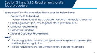 Section 3.1 and 3.1.3: Requirements for site
local procedure
15
Remember Your Site procedure Shall cover the below items:
• Corporate EHS standard
- Cover all sections of the corporate standard that apply to your site
• Local regulations (country, regional, state, province, etc.)
• Divisional requirements
• Consensus standard
• Site and Customer Requirements
Note:
 If local regulations are more stringent follow corporate standard plus
additional local regulations
 If local regulations are less stringent follow corporate standard
 