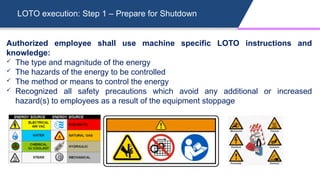 LOTO execution: Step 1 – Prepare for Shutdown
Authorized employee shall use machine specific LOTO instructions and
knowledge:
 The type and magnitude of the energy
 The hazards of the energy to be controlled
 The method or means to control the energy
 Recognized all safety precautions which avoid any additional or increased
hazard(s) to employees as a result of the equipment stoppage
 
