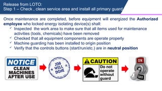 Release from LOTO:
Step 1 – Check , clean service area and install all primary guard
Once maintenance are completed, before equipment will energized the Authorized
employee who locked energy isolating device(s) shall:
 Inspected the work area to make sure that all items used for maintenance
activities (tools, chemicals) have been removed
 Checked that all equipment components are operate properly
 Machine guarding has been installed to origin position
 Verify that the controls buttons (start/run/etc.) are in neutral position
 