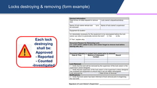 Locks destroying & removing (form example)
Each lock
destroying
shall be:
Approved
- Reported
- Counted
-Investigated
 