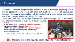 Foreword
BUSINESS CONFIDENTIAL |
The LOTO standard recognizes that zero risk is only a theoretical possibility but is
not an operative reality - zero risk does not exist. The concept of feasible risk
reduction to achieve acceptable risk is emphasized whether using conventional
LockOut, or apply alternative means of control.
Site SMEs, EHS and Leaderships shall develop and encourage use LOTO practice
and alternative means to avoid such severe injuries:
- This simple lock and key may save body parts even employee life
Statistic:
In U.S. only in 2019 - 2606 LOTO violations registered
Average penalty per violation – 5640 $
LOTO violations is on TOP 5 OSHA violations (4th
place)
Maintenance and Service incidents are causing of
severe injuries or fatal.
* Occupation Health & Safety administration of U.S. data
 