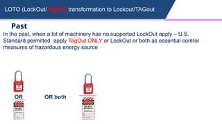LOTO (LockOut/TagOut transformation to Lockout/TAGout
In the past, when a lot of machinery has no supported LockOut apply – U.S.
Standard permitted apply TagOut ONLY or LockOut or both as essential control
measures of hazardous energy source
Past
OR OR both
 
