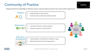 Copyright © 3/24/2020 Penske. All rights Reserved. Page 13
Community of Practice
Application
Organize & share knowledge to Resolve issues, Improve skills and Learn from each others experience
• Establish Platform SLA and SLO
• Create Architectural/Code standards checklist
• Use Slack Channel to answer questions
• Educate customers on SLA and SLO
• Foster Adoption and Education of platform usage
• Identify key themes for brown bag sessions
Education
& Adoption
Platform
 