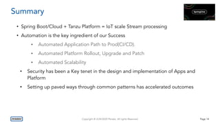 Copyright © 3/24/2020 Penske. All rights Reserved. Page 14
Summary
• Spring Boot/Cloud + Tanzu Platform = IoT scale Stream processing
• Automation is the key ingredient of our Success
• Automated Application Path to Prod(CI/CD).
• Automated Platform Rollout, Upgrade and Patch
• Automated Scalability
• Security has been a Key tenet in the design and implementation of Apps and
Platform
• Setting up paved ways through common patterns has accelerated outcomes
 