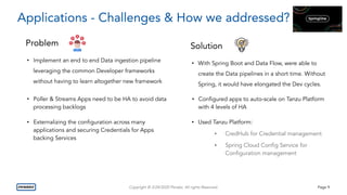 Copyright © 3/24/2020 Penske. All rights Reserved. Page 9
Applications - Challenges & How we addressed?
Problem
• Implement an end to end Data ingestion pipeline
leveraging the common Developer frameworks
without having to learn altogether new framework
Solution
• With Spring Boot and Data Flow, were able to
create the Data pipelines in a short time. Without
Spring, it would have elongated the Dev cycles.
• Poller & Streams Apps need to be HA to avoid data
processing backlogs
• Externalizing the conﬁguration across many
applications and securing Credentials for Apps
backing Services
• Conﬁgured apps to auto-scale on Tanzu Platform
with 4 levels of HA
• Used Tanzu Platform:
• CredHub for Credential management
• Spring Cloud Conﬁg Service for
Conﬁguration management
 