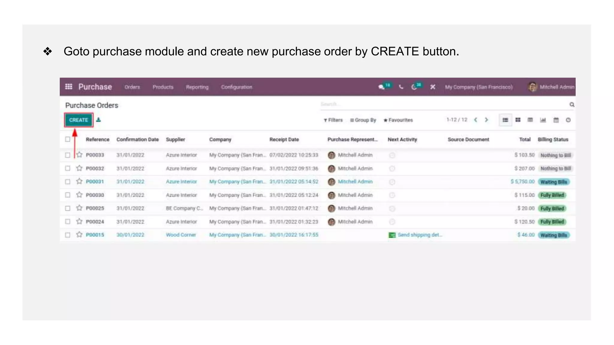 ❖ Goto purchase module and create new purchase order by CREATE button.
 