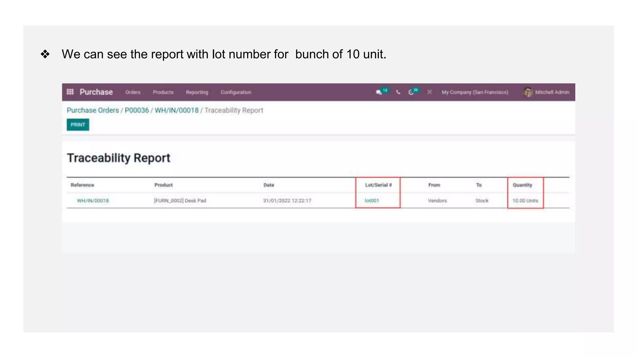 ❖ We can see the report with lot number for bunch of 10 unit.
 