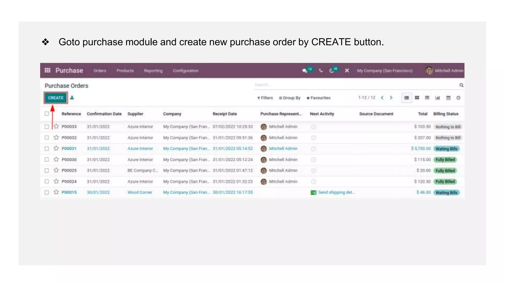 ❖ Goto purchase module and create new purchase order by CREATE button.
 