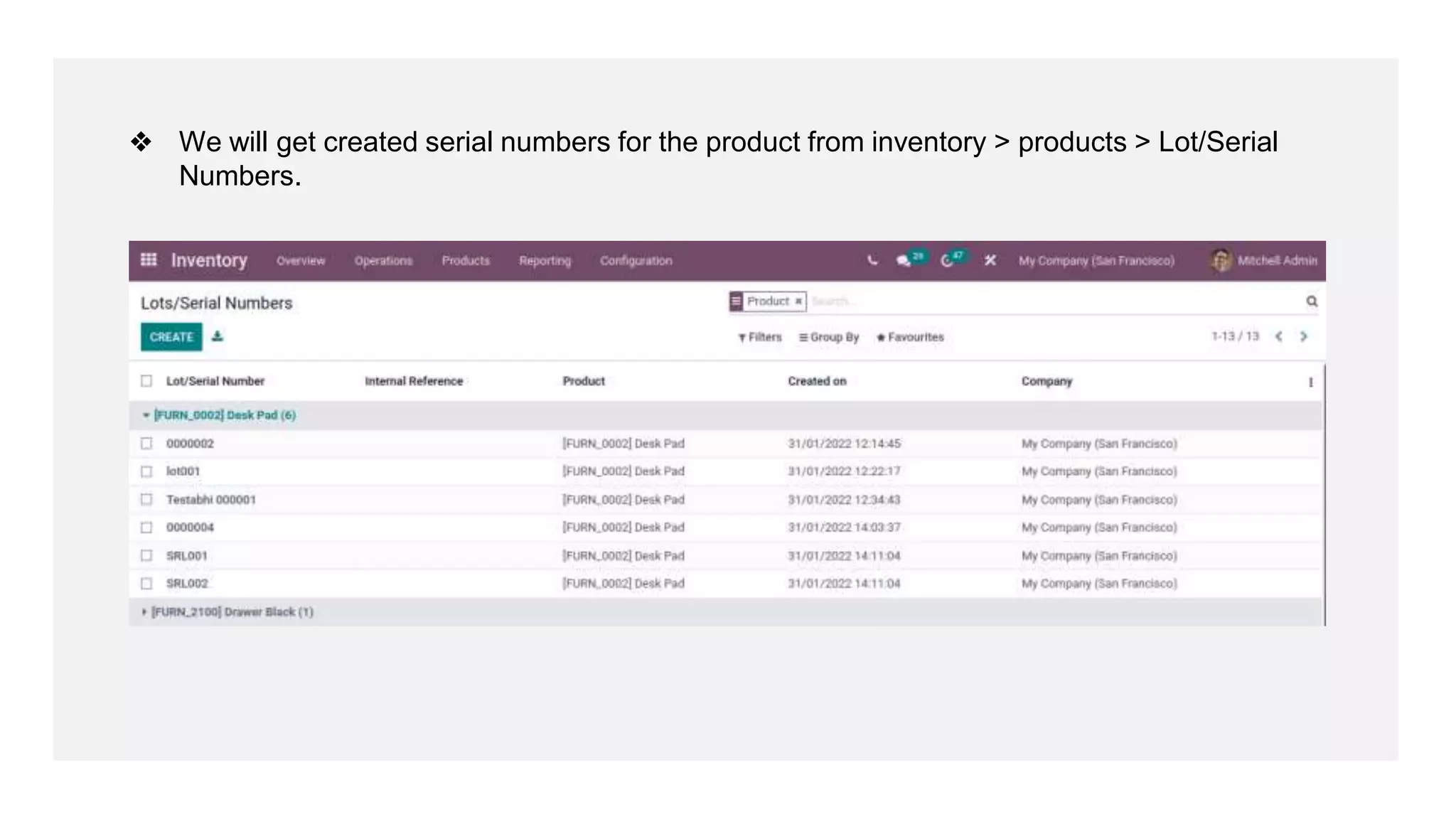 ❖ We will get created serial numbers for the product from inventory > products > Lot/Serial
Numbers.
 