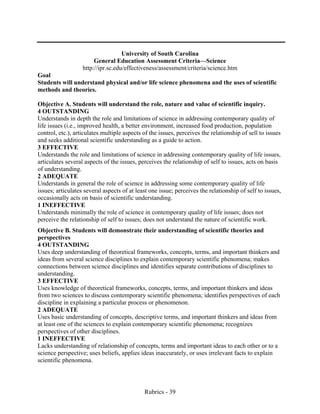 Rubrics - 39
University of South Carolina
General Education Assessment Criteria—Science
http://ipr.sc.edu/effectiveness/assessment/criteria/science.htm
Goal
Students will understand physical and/or life science phenomena and the uses of scientific
methods and theories.
Objective A. Students will understand the role, nature and value of scientific inquiry.
4 OUTSTANDING
Understands in depth the role and limitations of science in addressing contemporary quality of
life issues (i.e., improved health, a better environment, increased food production, population
control, etc.), articulates multiple aspects of the issues, perceives the relationship of sell to issues
and seeks additional scientific understanding as a guide to action.
3 EFFECTIVE
Understands the role and limitations of science in addressing contemporary quality of life issues,
articulates several aspects of the issues, perceives the relationship of self to issues, acts on basis
of understanding.
2 ADEQUATE
Understands in general the role of science in addressing some contemporary quality of life
issues; articulates several aspects of at least one issue; perceives the relationship of self to issues,
occasionally acts on basis of scientific understanding.
1 INEFFECTIVE
Understands minimally the role of science in contemporary quality of life issues; does not
perceive the relationship of self to issues; does not understand the nature of scientific work.
Objective B. Students will demonstrate their understanding of scientific theories and
perspectives
4 OUTSTANDING
Uses deep understanding of theoretical frameworks, concepts, terms, and important thinkers and
ideas from several science disciplines to explain contemporary scientific phenomena; makes
connections between science disciplines and identifies separate contributions of disciplines to
understanding.
3 EFFECTIVE
Uses knowledge of theoretical frameworks, concepts, terms, and important thinkers and ideas
from two sciences to discuss contemporary scientific phenomena; identifies perspectives of each
discipline in explaining a particular process or phenomenon.
2 ADEQUATE
Uses basic understanding of concepts, descriptive terms, and important thinkers and ideas from
at least one of the sciences to explain contemporary scientific phenomena; recognizes
perspectives of other disciplines.
1 INEFFECTIVE
Lacks understanding of relationship of concepts, terms and important ideas to each other or to a
science perspective; uses beliefs, applies ideas inaccurately, or uses irrelevant facts to explain
scientific phenomena.
 