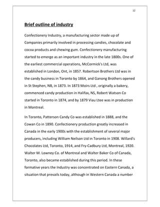 12
Brief outline of industry
Confectionery Industry, a manufacturing sector made up of
Companies primarily involved in processing candies, chocolate and
cocoa products and chewing gum. Confectionery manufacturing
started to emerge as an important industry in the late 1800s. One of
the earliest commercial operations, McCormick's Ltd, was
established in London, Ont, in 1857. Robertson Brothers Ltd was in
the candy business in Toronto by 1864, and Ganong Brothers opened
in St Stephen, NB, in 1873. In 1873 Moirs Ltd , originally a bakery,
commenced candy production in Halifax, NS, Robert Watson Co
started in Toronto in 1874, and by 1879 Viau Ltee was in production
in Montreal.
In Toronto, Patterson Candy Co was established in 1888, and the
Cowan Co in 1890. Confectionery production greatly increased in
Canada in the early 1900s with the establishment of several major
producers, including William Neilson Ltd in Toronto in 1908. Willard's
Chocolates Ltd, Toronto, 1914, and Fry-Cadbury Ltd, Montreal, 1920.
Walter M. Lowney Co. of Montreal and Walter Baker Co of Canada,
Toronto, also became established during this period. In these
formative years the Industry was concentrated on Eastern Canada, a
situation that prevails today, although in Western Canada a number
 