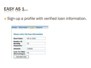 EASY AS 1…
 Sign-up a profile with verified loan information.
 
