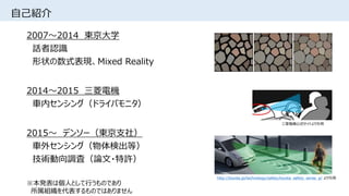 自己紹介
2007～2014 東京大学
話者認識
形状の数式表現、Mixed Reality
2014～2015 三菱電機
車内センシング（ドライバモニタ）
2015～ デンソー（東京支社）
車外センシング（物体検出等）
技術動向調査（論文・特許）
http://toyota.jp/technology/safety/toyota_safety_sense_p/ より引用
三菱電機公式サイトより引用
※本発表は個人として行うものであり
所属組織を代表するものではありません
 