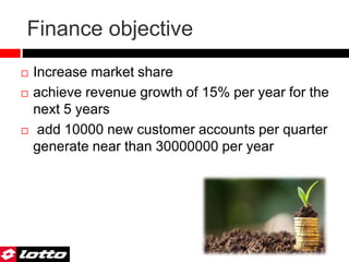 Finance objective
 Increase market share
 achieve revenue growth of 15% per year for the
next 5 years
 add 10000 new customer accounts per quarter
generate near than 30000000 per year
 