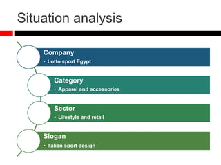 Situation analysis
Company
• Lotto sport Egypt
Category
• Apparel and accessories
Sector
• Lifestyle and retail
Slogan
• Italian sport design
 
