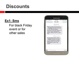 Discounts
Ex1: Sms
For black Friday
event or for
other sales
 