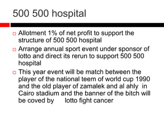 500 500 hospital
 Allotment 1% of net profit to support the
structure of 500 500 hospital
 Arrange annual sport event under sponsor of
lotto and direct its rerun to support 500 500
hospital
 This year event will be match between the
player of the national teem of world cup 1990
and the old player of zamalek and al ahly in
Cairo stadium and the banner of the bitch will
be coved by lotto fight cancer
 