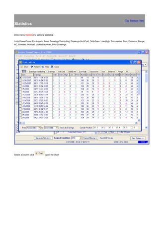 Top Previous Next
Statistics

Click menu Statistics to select a statistics:

Lotto PowerPlayer Pro support Base, Drawings Distrbuting, Drawings Hot-Cold, Odd-Even, Low-High, Successive, Sum, Distance, Range,
AC, Diveded, Multiple, Locked Number, Prior Drawings.




Select a column click              open the chart:
 