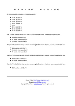 05     09    23    31      37   45                16      23     26     31        37   45


By playing the 28 combinations in the tables above:

        05 09 16 23 26 31
        05 09 16 23 26 37
        05 09 16 23 26 45
        05 09 16 23 31 37
        ........
        09 16 26 31 37 45
        09 23 26 31 37 45
        16 23 26 31 37 45

If all 6 official winning numbers are among the 8 numbers wheeled, you are guaranteed to have

        1 ticket to win the jackpot
        11 tickets that match 5 of 6
        16 tickets that match 4 of 6

If any 5 of the 6 official winning numbers are among the 8 numbers wheeled, you are guaranteed to have

        2 tickets that match 5 of 6
        15 tickets that match 4 of 6
        11 tickets that match 3 of 6

If any 4 of the 6 official winning numbers are among the 8 numbers wheeled, you are guaranteed to have

        5 tickets that match 4 of 6
        15 tickets that match 3 of 6

If any 3 of the 6 official winning numbers are among the 8 numbers wheeled, you are guaranteed to have


        9 tickets that match 3 of 6




                                 Home Page: http://www.magicrsoft.com
                                     Support:slotto05@gmail.com
                        Copyright: © PowerPlayer Lottery Software Team All rights reserved.
 