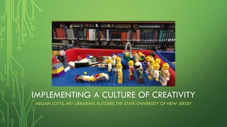 IMPLEMENTING A CULTURE OF CREATIVITY
MEGAN LOTTS, ART LIBRARIAN, RUTGERS THE STATE UNIVERSITY OF NEW JERSEY
 