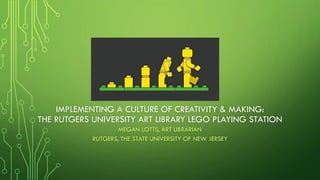 IMPLEMENTING A CULTURE OF CREATIVITY & MAKING:
THE RUTGERS UNIVERSITY ART LIBRARY LEGO PLAYING STATION
MEGAN LOTTS, ART LIBRARIAN
RUTGERS, THE STATE UNIVERSITY OF NEW JERSEY
 