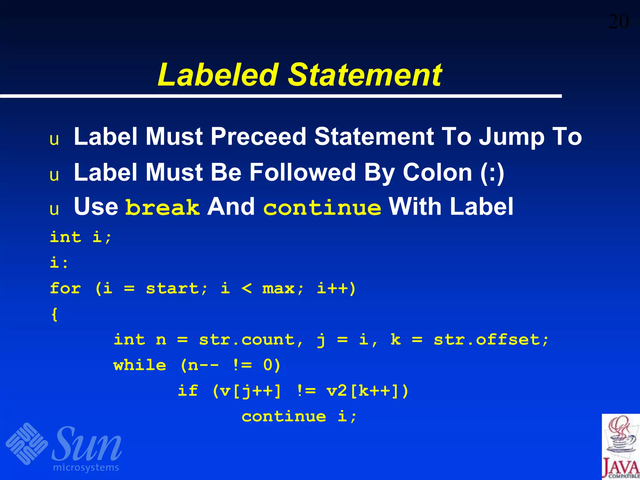 20
Labeled Statement
u Label Must Preceed Statement To Jump To
u Label Must Be Followed By Colon (:)
u Use break And continue With Label
int i;
i:
for (i = start; i < max; i++)
{
int n = str.count, j = i, k = str.offset;
while (n-- != 0)
if (v[j++] != v2[k++])
continue i;
 