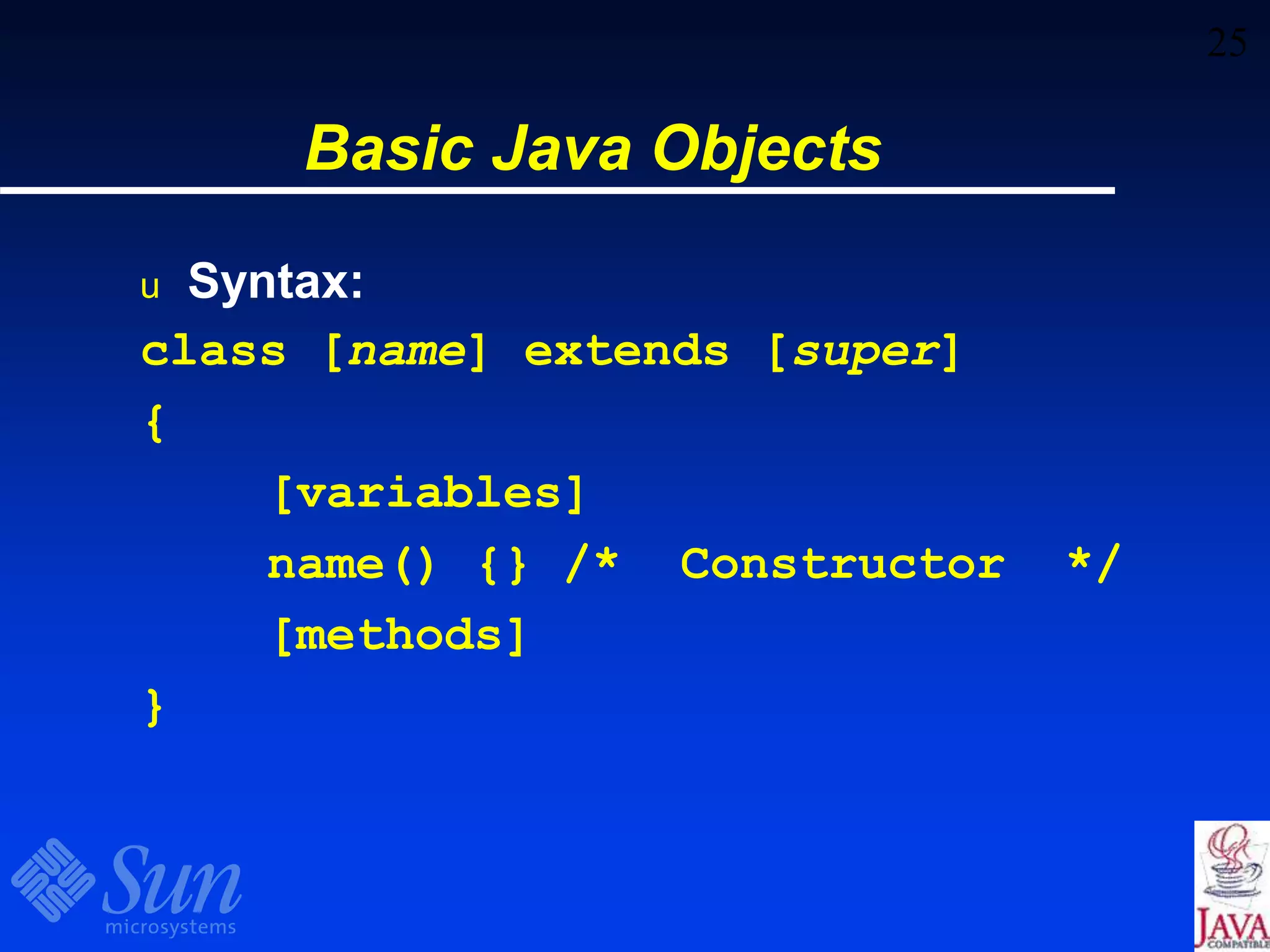 25
Basic Java Objects
u Syntax:
class [name] extends [super]
{
[variables]
name() {} /* Constructor */
[methods]
}
 