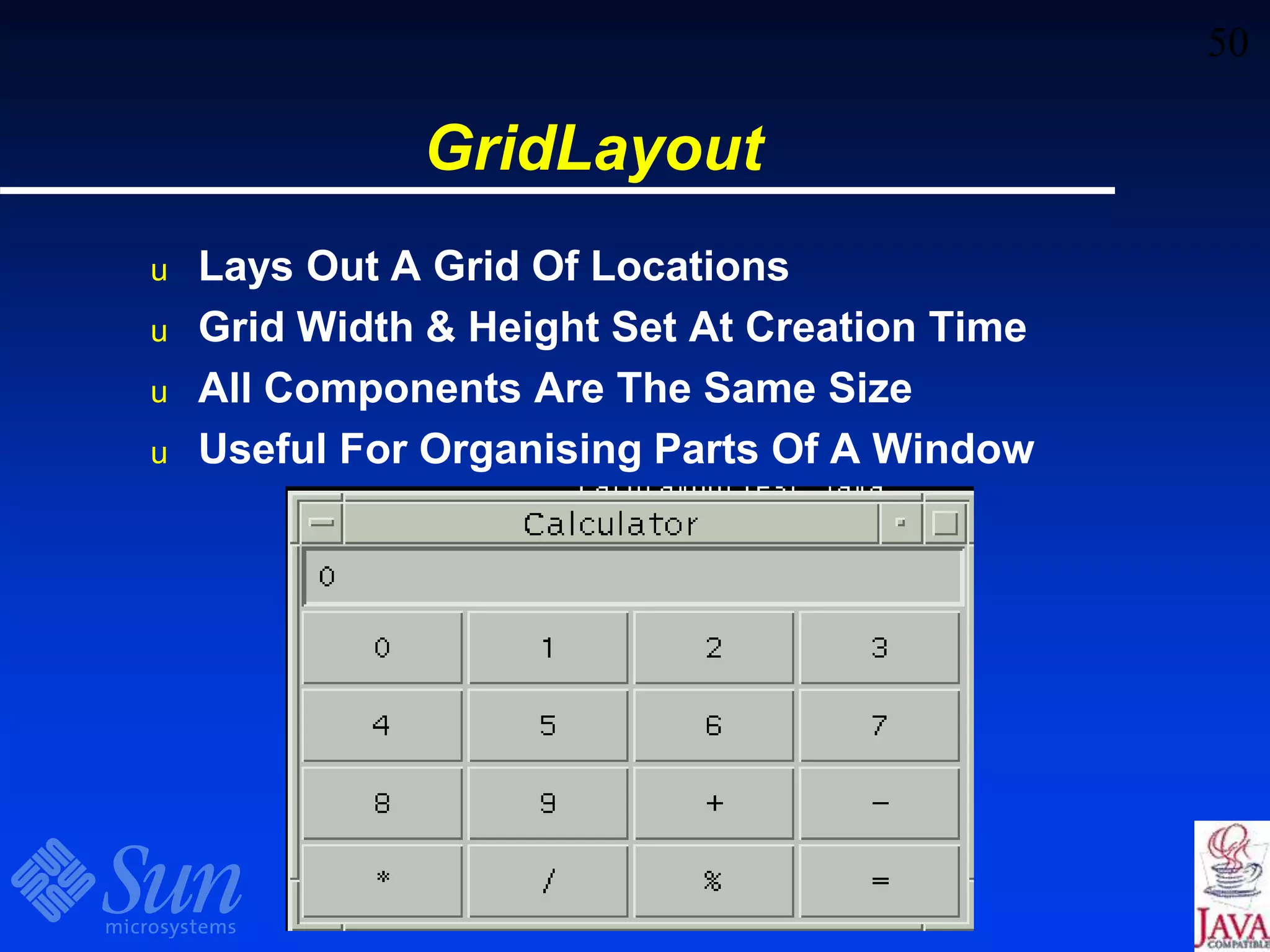 50
GridLayout
u Lays Out A Grid Of Locations
u Grid Width & Height Set At Creation Time
u All Components Are The Same Size
u Useful For Organising Parts Of A Window
 