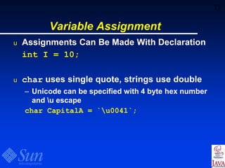 11
Variable Assignment
u Assignments Can Be Made With Declaration
int I = 10;
u char uses single quote, strings use double
– Unicode can be specified with 4 byte hex number
and u escape
char CapitalA = `u0041`;
 