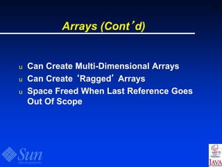 14
Arrays (Cont’d)
u Can Create Multi-Dimensional Arrays
u Can Create ‘Ragged’ Arrays
u Space Freed When Last Reference Goes
Out Of Scope
 